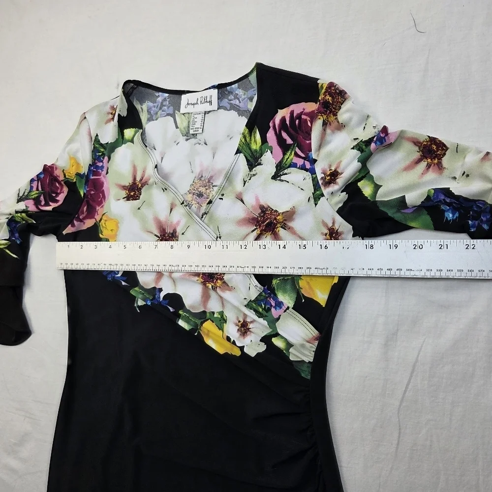 Joseph Ribkoff Floral Black Sheath Dress Women’s Size 10 Bell Sleeve V-Neck Midi
